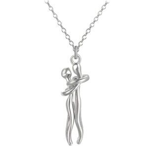 Stainless Steel Hugging Couple Pendant Necklace - Silver Male & Silver Female
